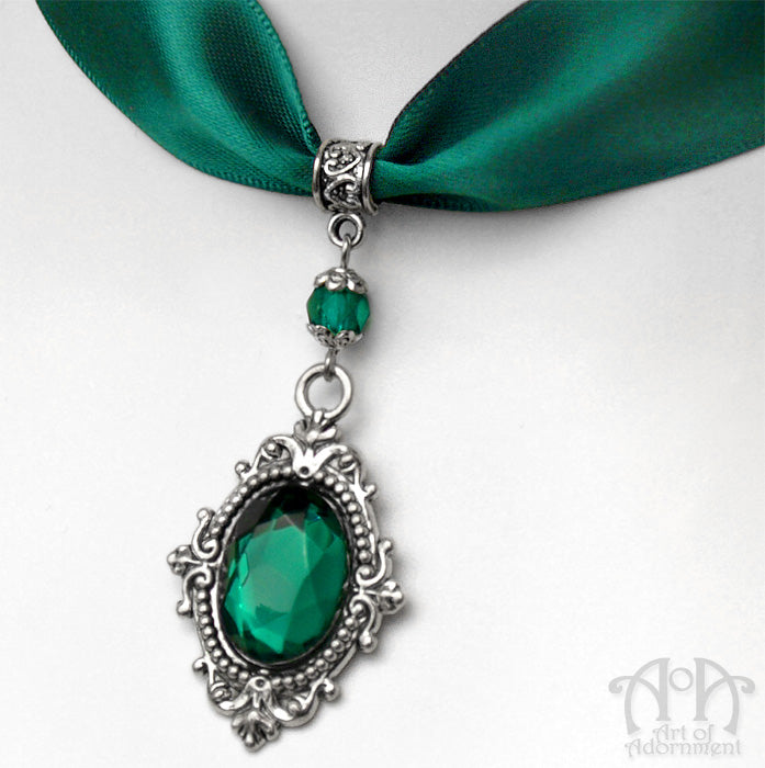 Sylvannia Crystal Pendant Green Satin Choker Necklace