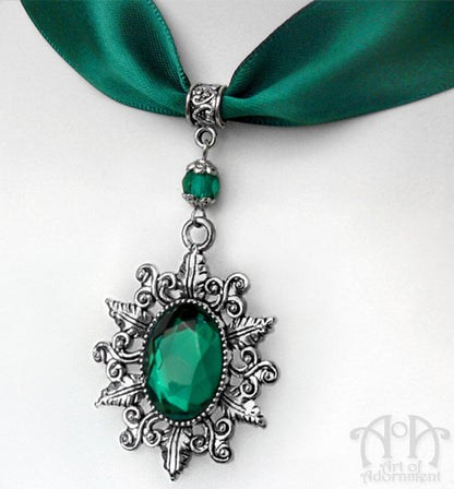 Sylvannia Floral Crystal Pendant Green Satin Choker Necklace