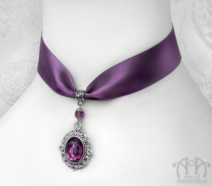 Vervaina Crystal Pendant Purple Satin Choker Necklace