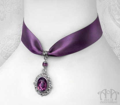 Vervaina Crystal Pendant Purple Satin Choker Necklace