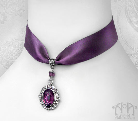 Vervaina Crystal Pendant Purple Satin Choker Necklace