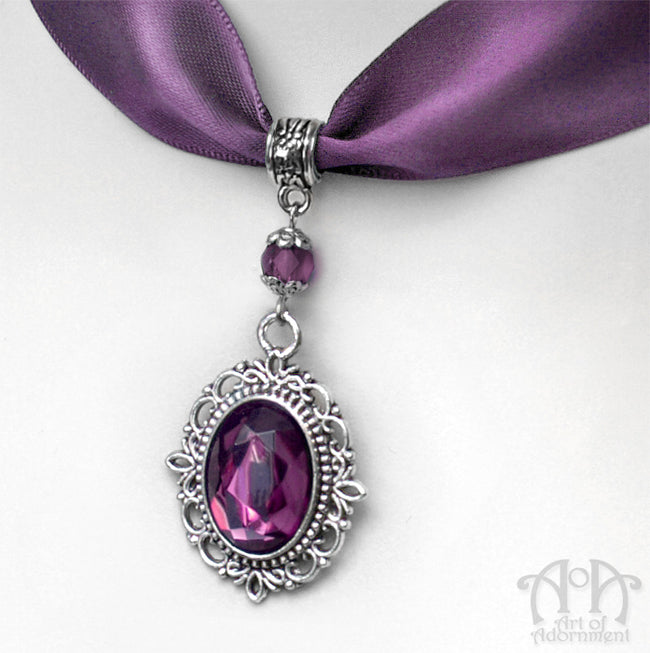 Vervaina Crystal Pendant Purple Satin Choker Necklace
