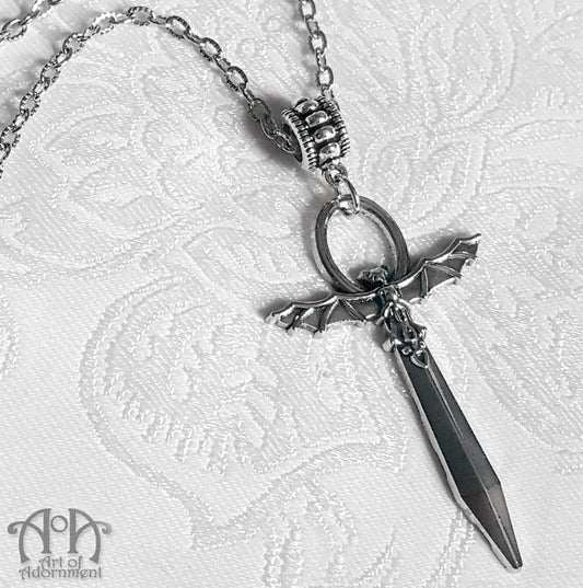 Argenta Gothic Vampire Bat Ankh Pendant Necklace