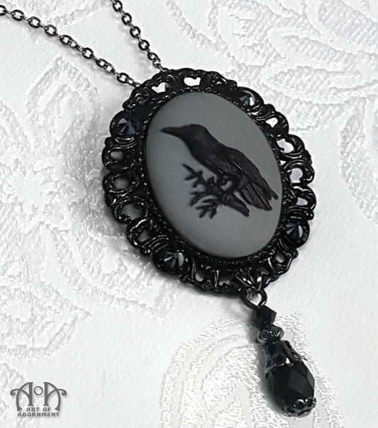 Nevermore Gothic Raven Cameo Pendant Necklace/Brooch