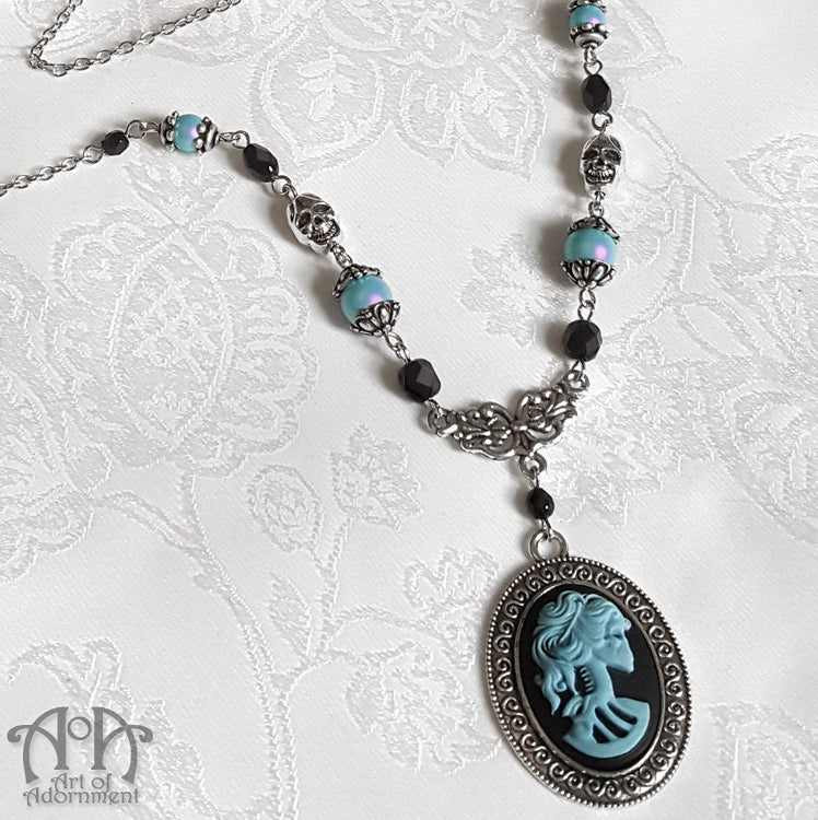 Celestia Turquoise Gothic Lady Skull Cameo Pendant Necklace