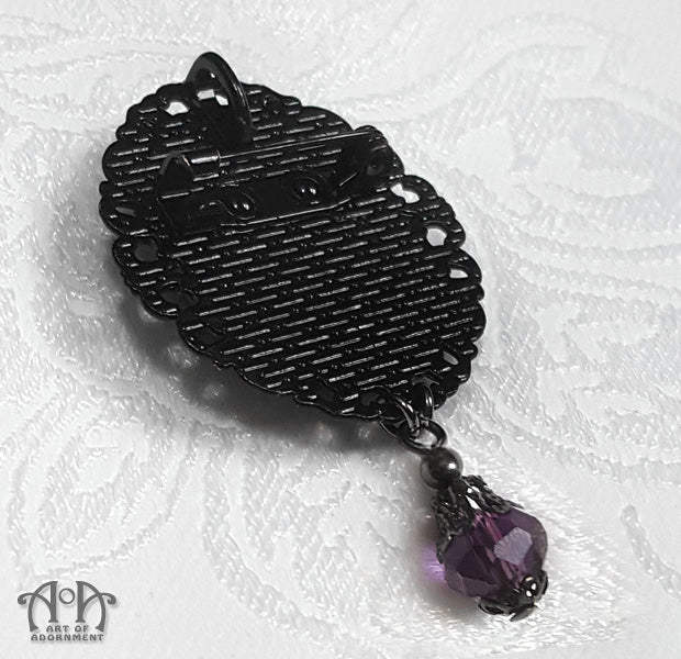 Gothic Purple & Black Rose Cameo Pendant Necklace/Brooch