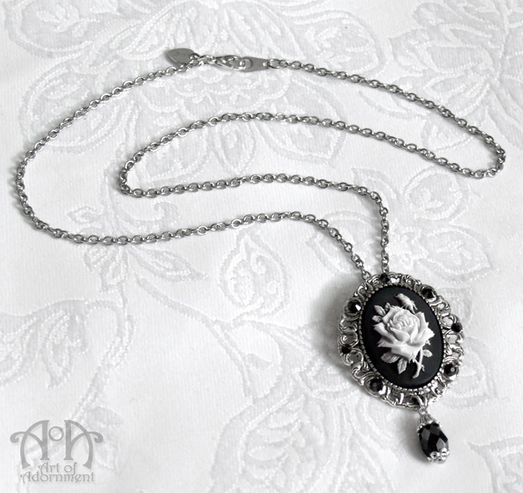 Gothic Black & White Rose Cameo Pendant Necklace/Brooch
