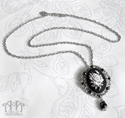 Gothic Black & White Rose Cameo Pendant Necklace/Brooch