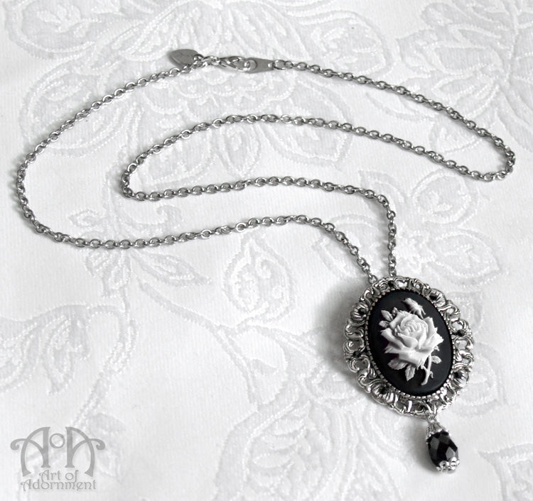Gothic Black & White Rose Cameo Pendant Necklace/Brooch