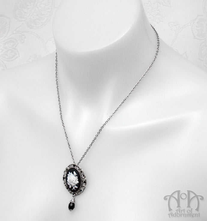 Gothic Black & White Rose Cameo Pendant Necklace/Brooch