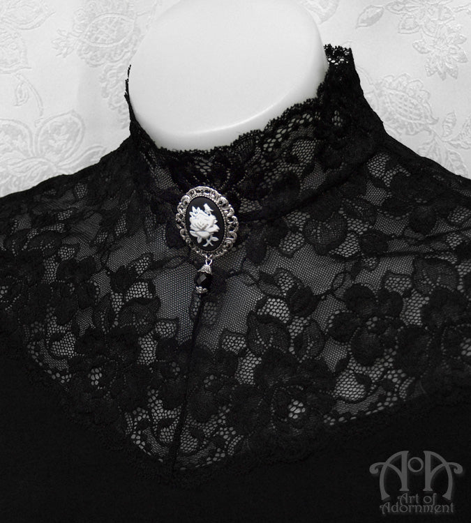 Gothic Black & White Rose Cameo Pendant Necklace/Brooch