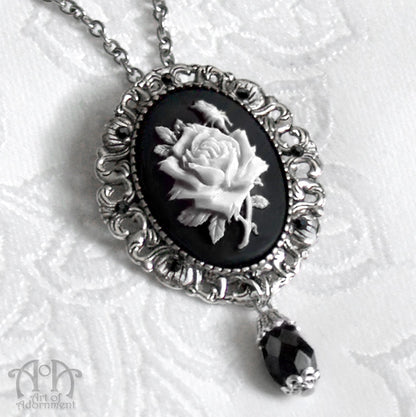 Gothic Black & White Rose Cameo Pendant Necklace/Brooch