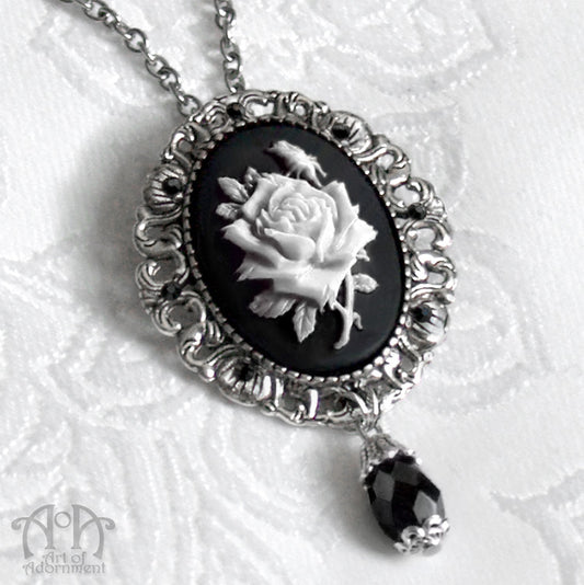 Gothic Black & White Rose Cameo Pendant Necklace/Brooch