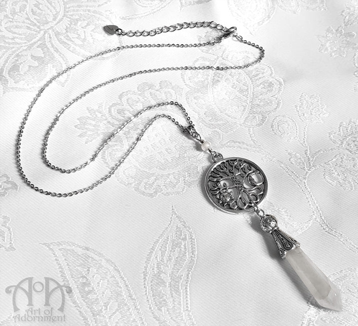 Cosmic Tree Milky Quartz Rock Crystal Pendant Necklace