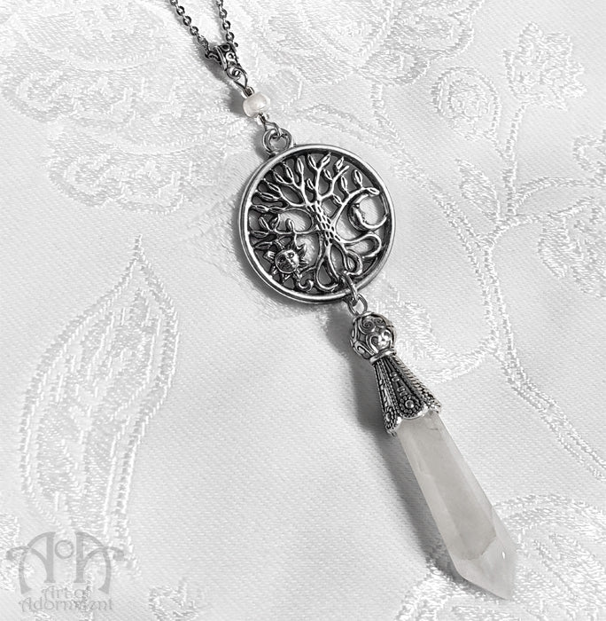 Cosmic Tree Milky Quartz Rock Crystal Pendant Necklace