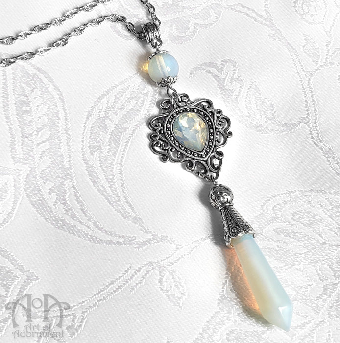Victorian Teardrop Filigree Opalite Pendant Necklace