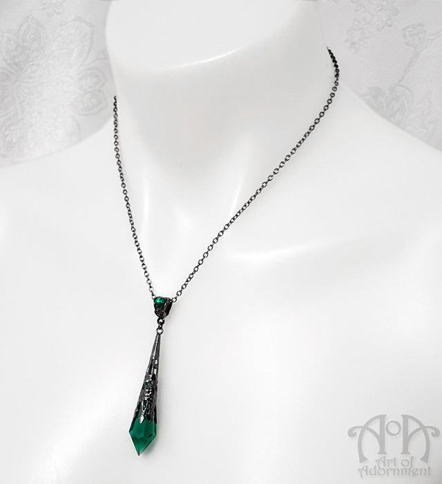 Sylvannia Green Crystal Gunmetal Pendulum Necklace