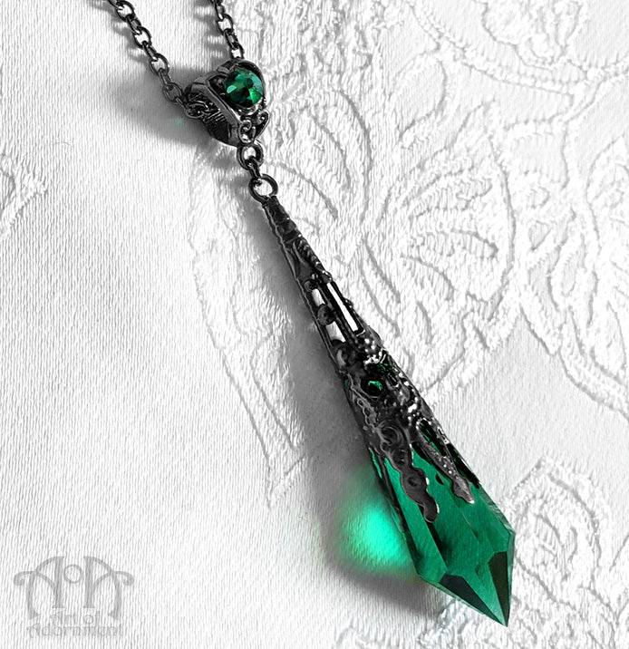 Sylvannia Green Crystal Gunmetal Pendulum Necklace