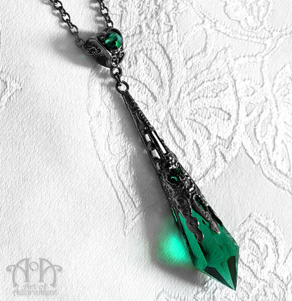 Sylvannia Green Crystal Gunmetal Pendulum Necklace