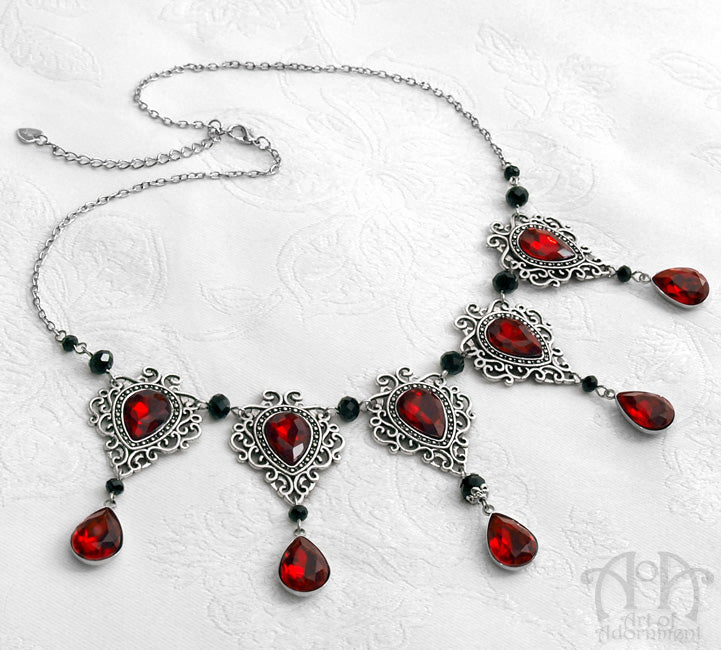 Sanguinari Red & Black Teardrop Renaissance Filigree Necklace
