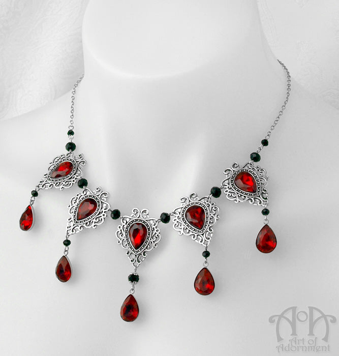 Sanguinari Red & Black Teardrop Renaissance Filigree Necklace