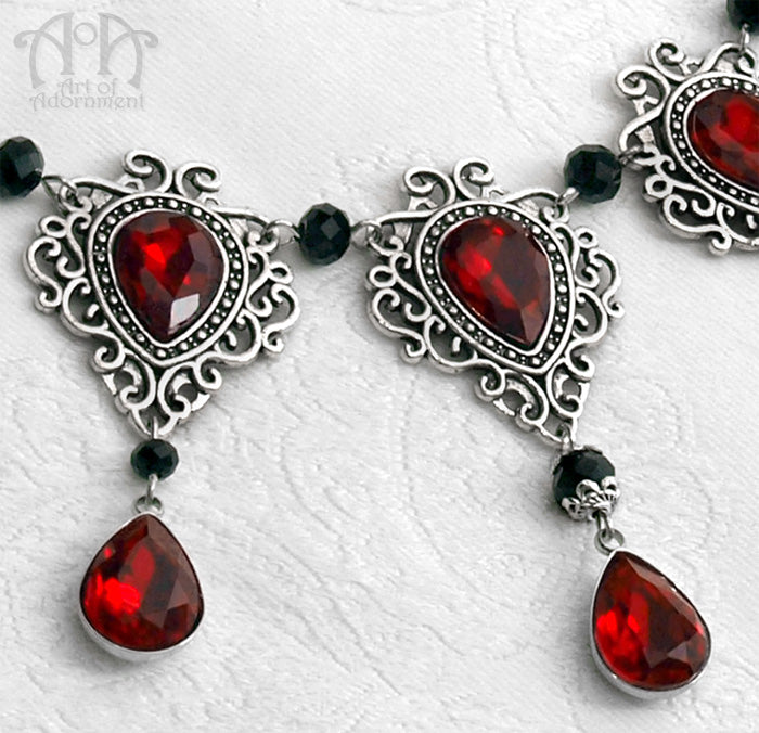 Sanguinari Red & Black Teardrop Renaissance Filigree Necklace