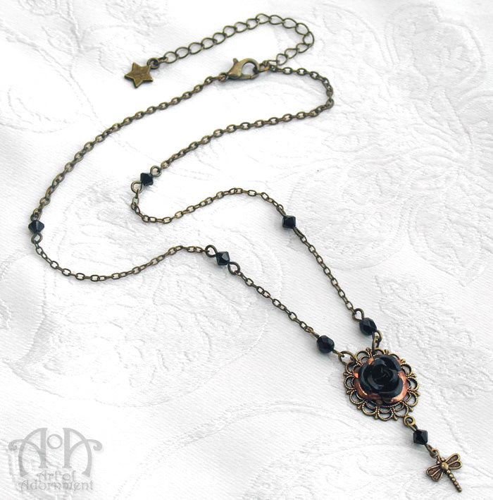 Patina Steampunk Black Rose Dragonfly Pendant Necklace