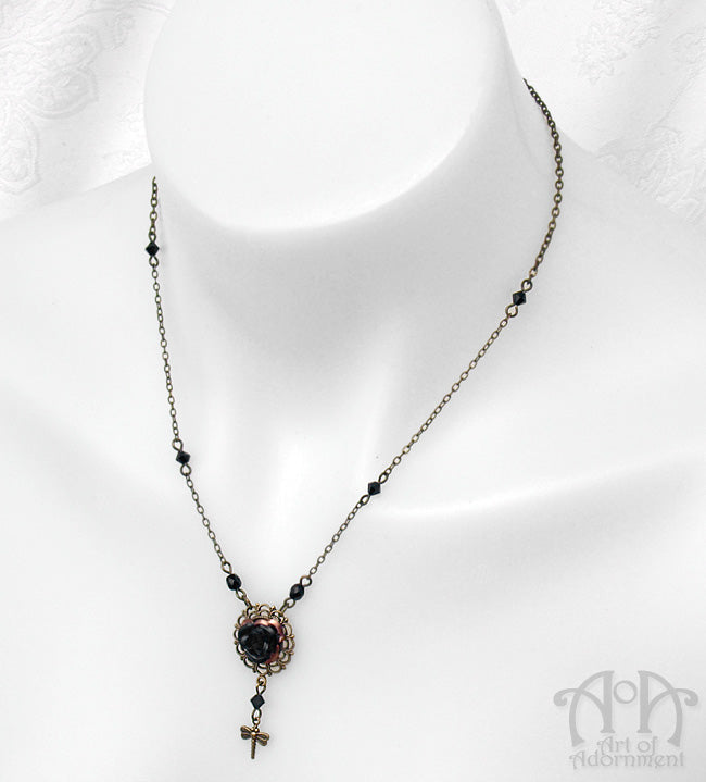 Patina Steampunk Black Rose Dragonfly Pendant Necklace