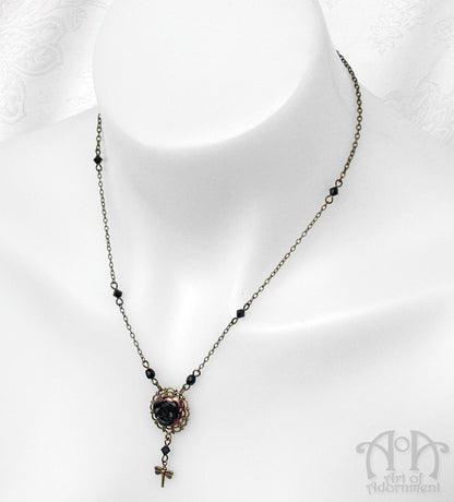 Patina Steampunk Black Rose Dragonfly Pendant Necklace