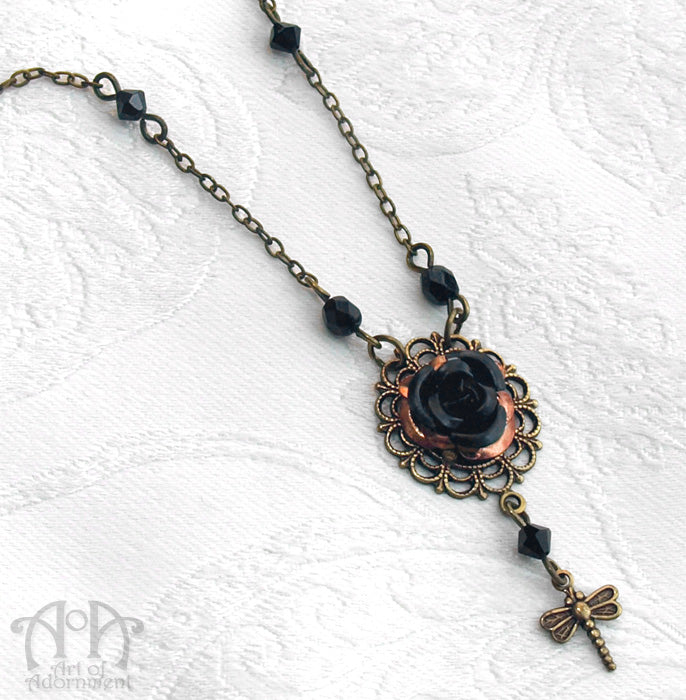 Patina Steampunk Black Rose Dragonfly Pendant Necklace