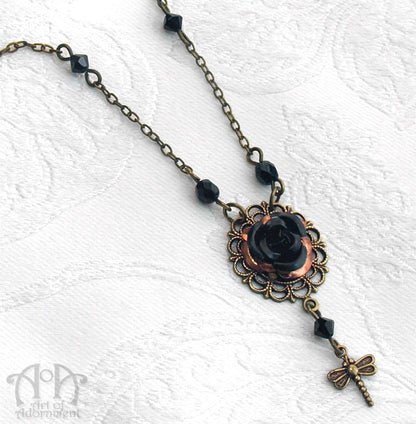 Patina Steampunk Black Rose Dragonfly Pendant Necklace
