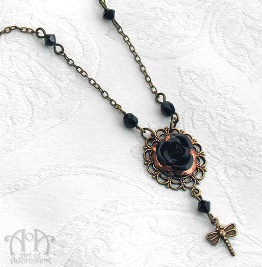 Patina Steampunk Black Rose Dragonfly Pendant Necklace