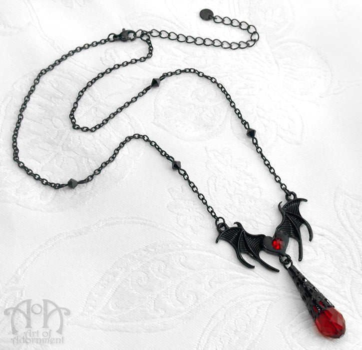 ÜberGoth Black & Red Crystal Bat Pendant Necklace