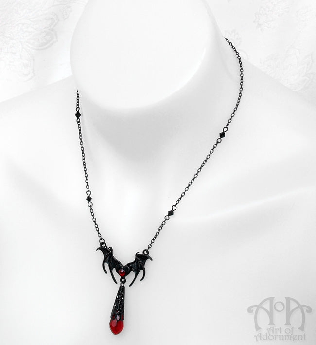 ÜberGoth Black & Red Crystal Bat Pendant Necklace