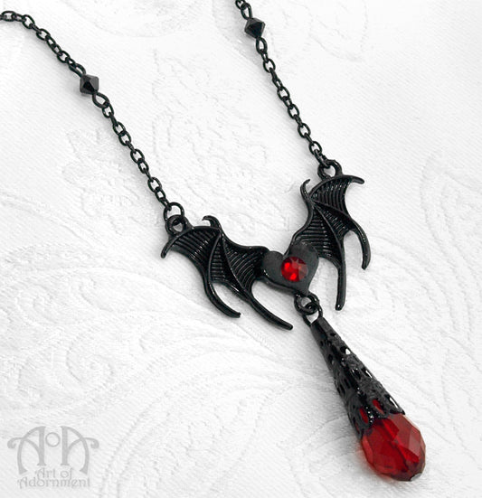 ÜberGoth Black & Red Crystal Bat Pendant Necklace