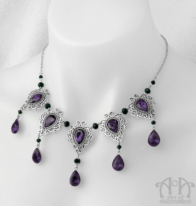 Vervaina Dark Purple & Black Teardrop Renaissance Filigree Necklace