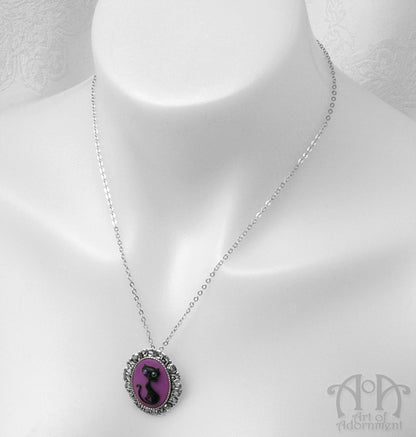 Gothic Black & Purple Cat Cameo Pendant Necklace/Brooch