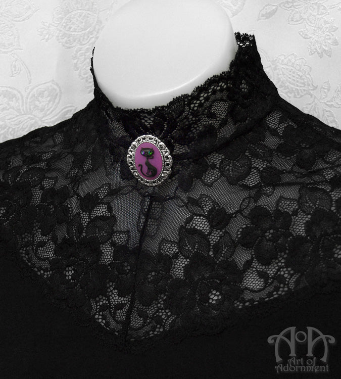Gothic Black & Purple Cat Cameo Pendant Necklace/Brooch