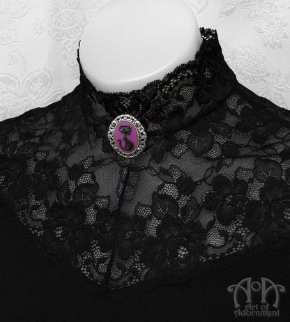 Gothic Black & Purple Cat Cameo Pendant Necklace/Brooch