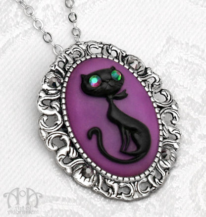 Gothic Black & Purple Cat Cameo Pendant Necklace/Brooch
