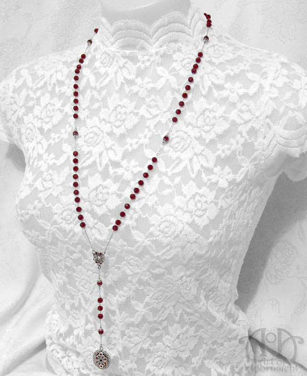 Sanguinari Red Crystal Long Rhinestone Pendant Necklace
