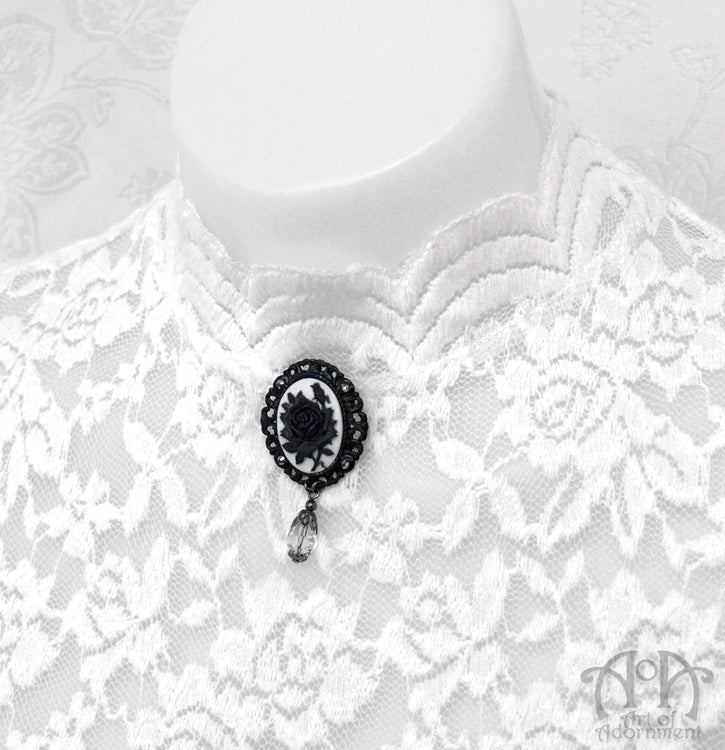 Luminosa Gothic Black Rose Cameo Pendant Necklace/Brooch