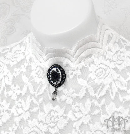 Luminosa Gothic Black Rose Cameo Pendant Necklace/Brooch