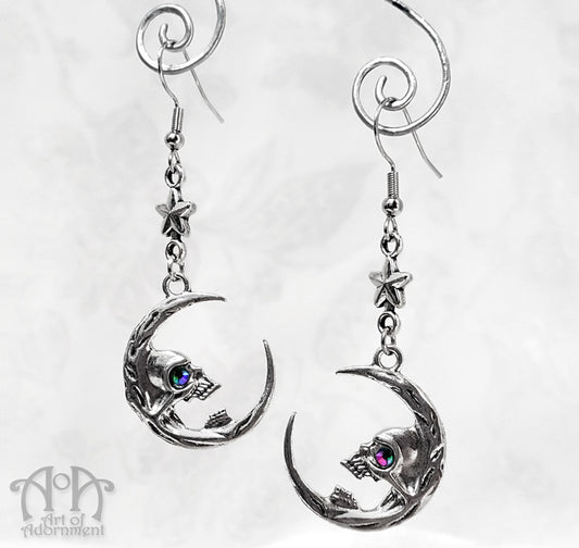 Gothic Skull-In-The-Moon Rhinestone Earrings
