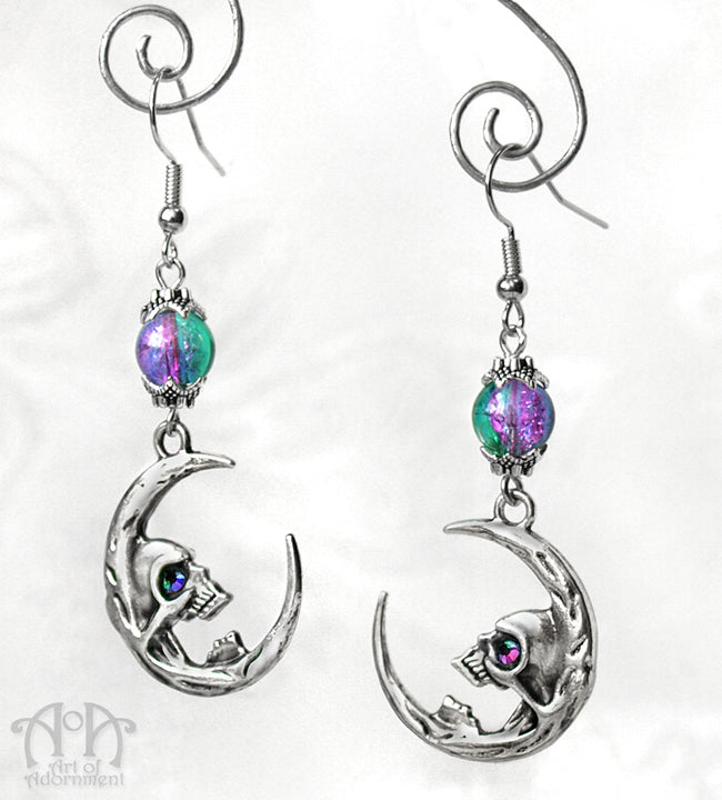 Gothic Skull-In-The-Moon Beaded Earrings