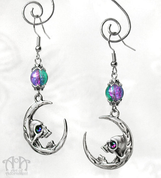 Gothic Skull-In-The-Moon Beaded Earrings