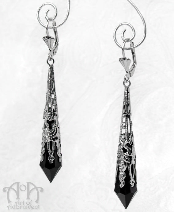 Nocturne Gothic Filigree Black Pointed Drop Earrings