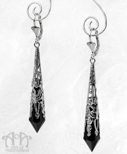 Nocturne Gothic Filigree Black Pointed Drop Earrings