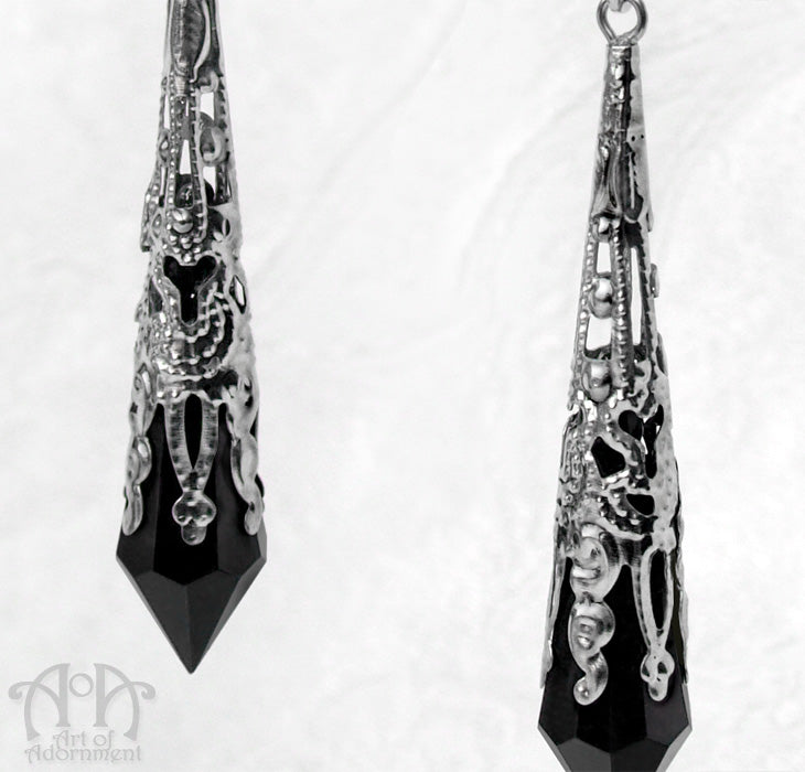 Nocturne Gothic Filigree Black Pointed Drop Earrings