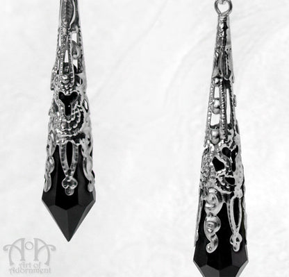 Nocturne Gothic Filigree Black Pointed Drop Earrings